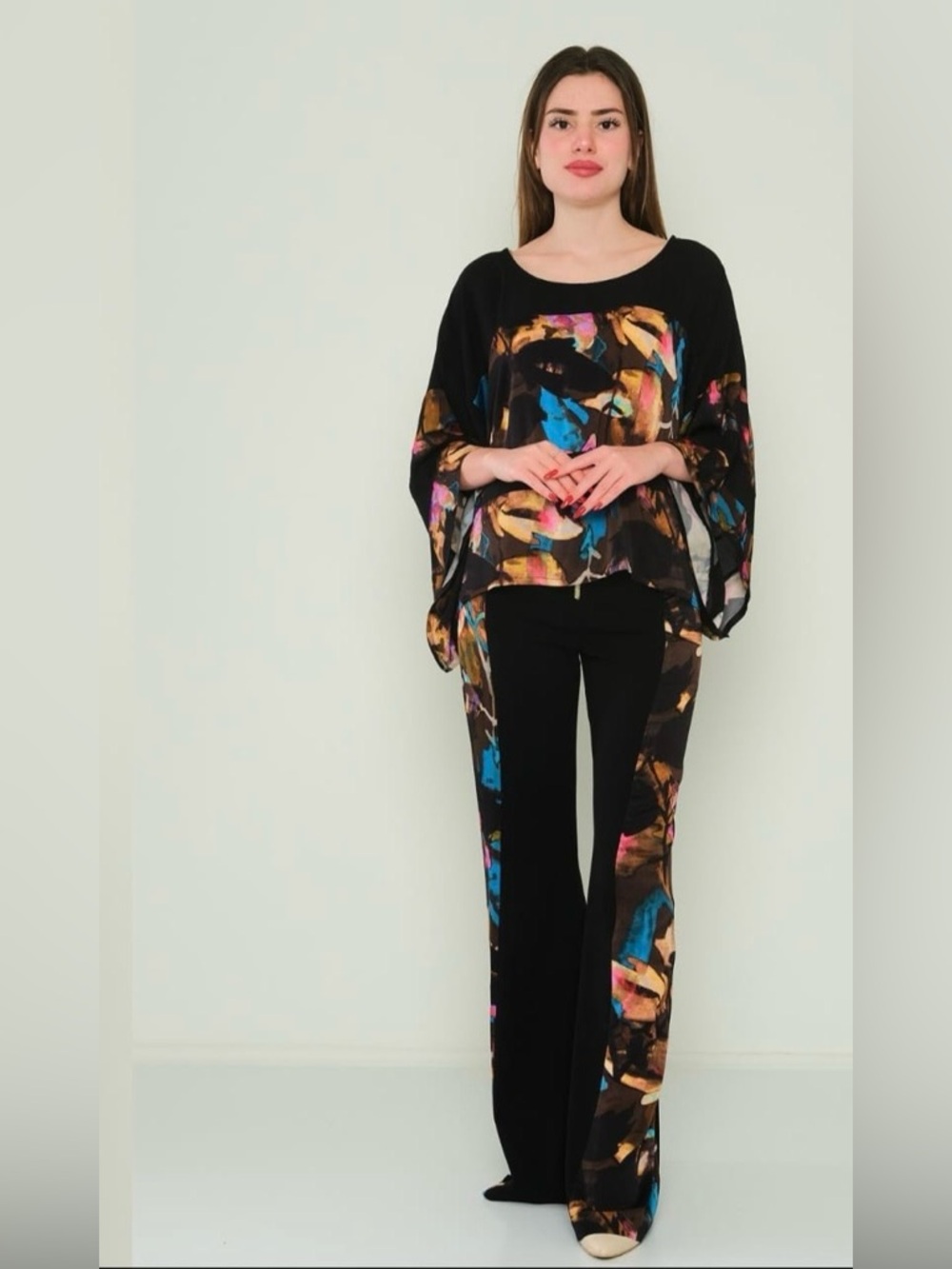 Black Abstract Print Two-Piece Set - Colorful Brushstroke Pattern